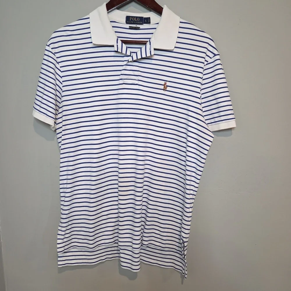 Polo Ralph‎ Lauren Slim Fit Striped Polo Shirt White Navy Logo Men's Size L